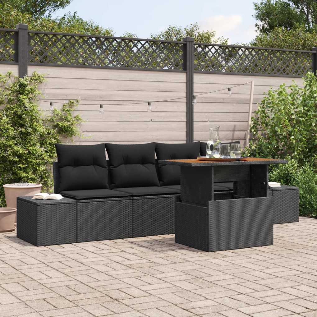 Conjunto de Sofás de Jardim de 5 peças com Almofadas Preto Rattan Poli
