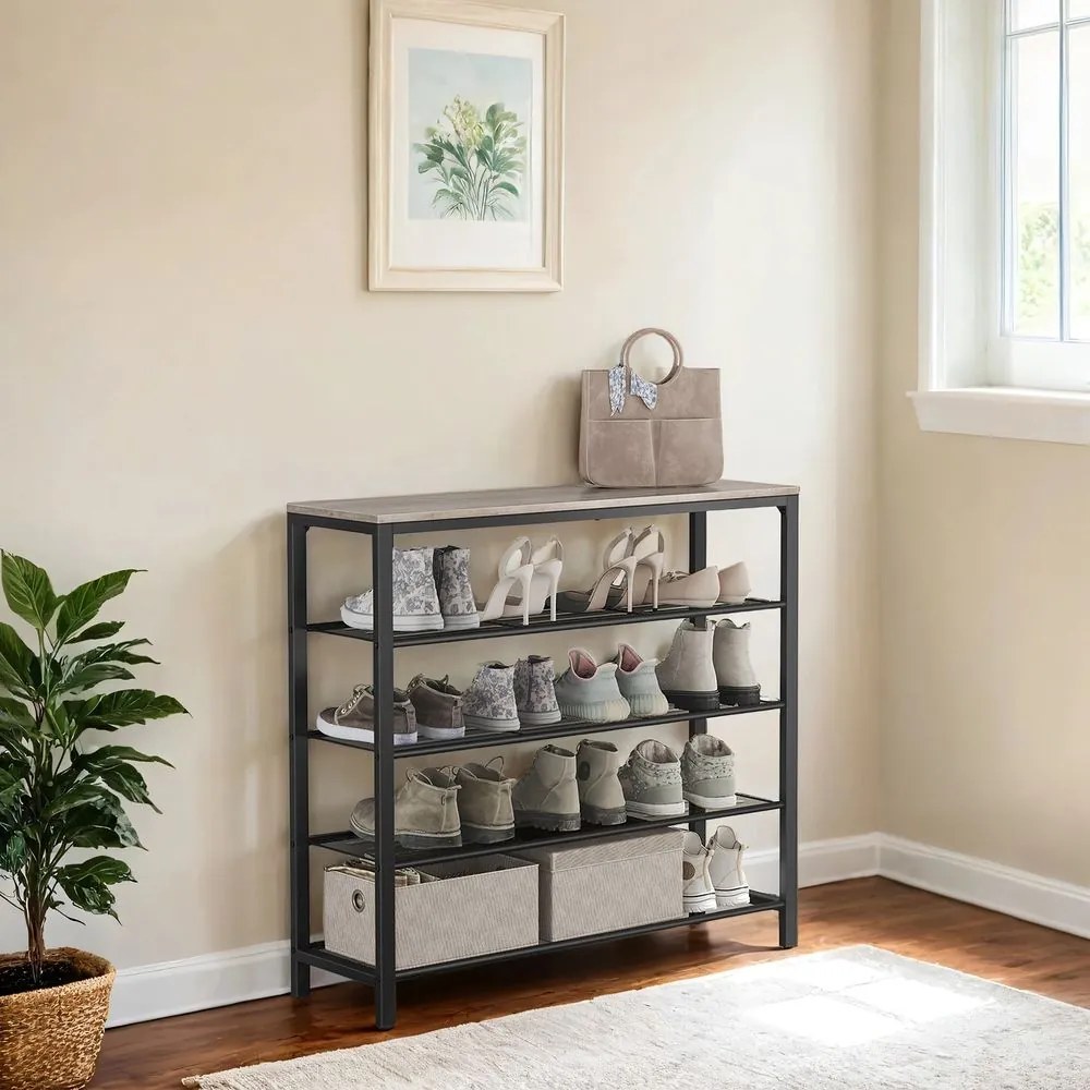 Sapateira com 4 níveis de grelha 30 x 100 x 92,5 cm e superfície espaçosa para bolsas, área de entrada cinza-preto