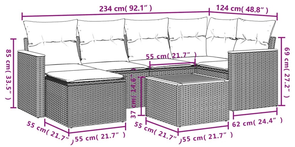 7 pcs conjunto de sofás p/ jardim c/ almofadões vime PE preto