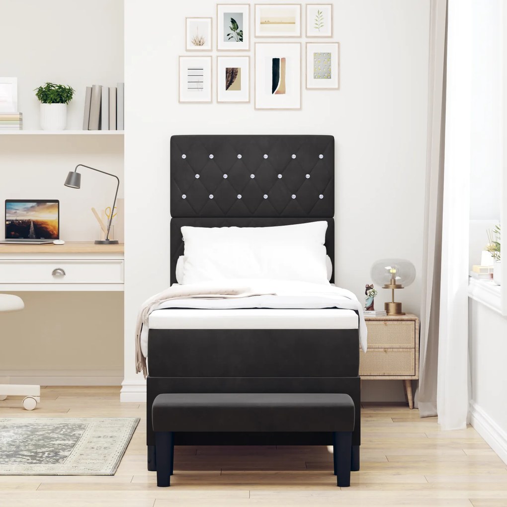 Cama Box Spring com Colchão & Banco Preto 80x200 cm Veludo