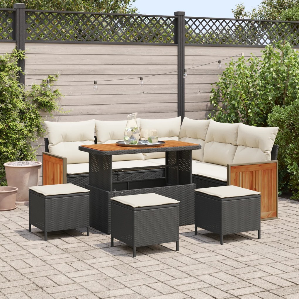Conjunto de Sofá de Jardim vidaXL de 9 Peças com Almofadas Preto Vime PE Madeira de Acácia