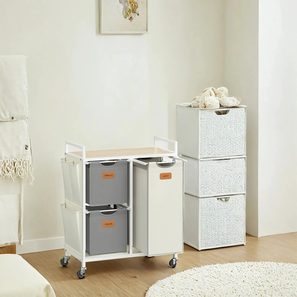 Cesto para roupa suja com 3 compartimentos dois cestos de 25 L e um de 50 L bege natural-cinzento-branco creme