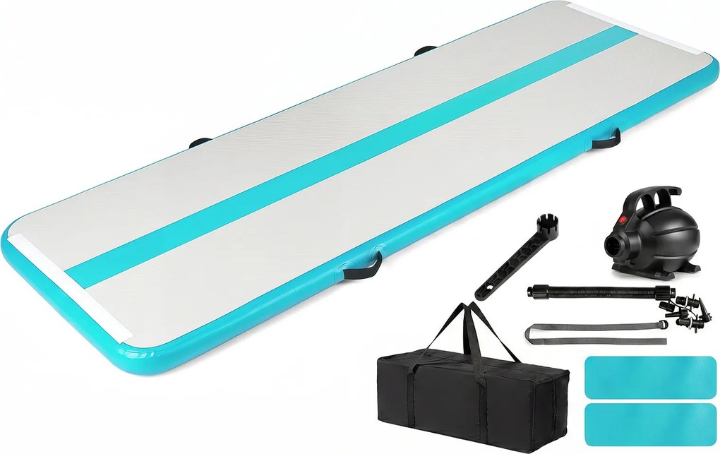 Colchão de ginástica insuflável com bomba elétrica 297 x 98 x 11 cm, saco de transporte e remendo de reparação portátil para fitness e ioga Turquesa