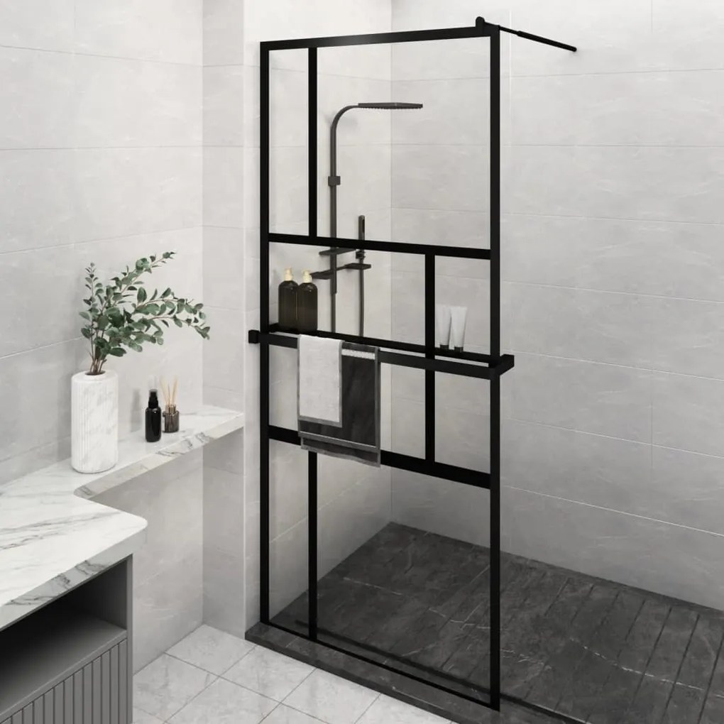 vidaXL Divisória chuveiro c/prateleira 90x195 vidro/alumínio ESG preto