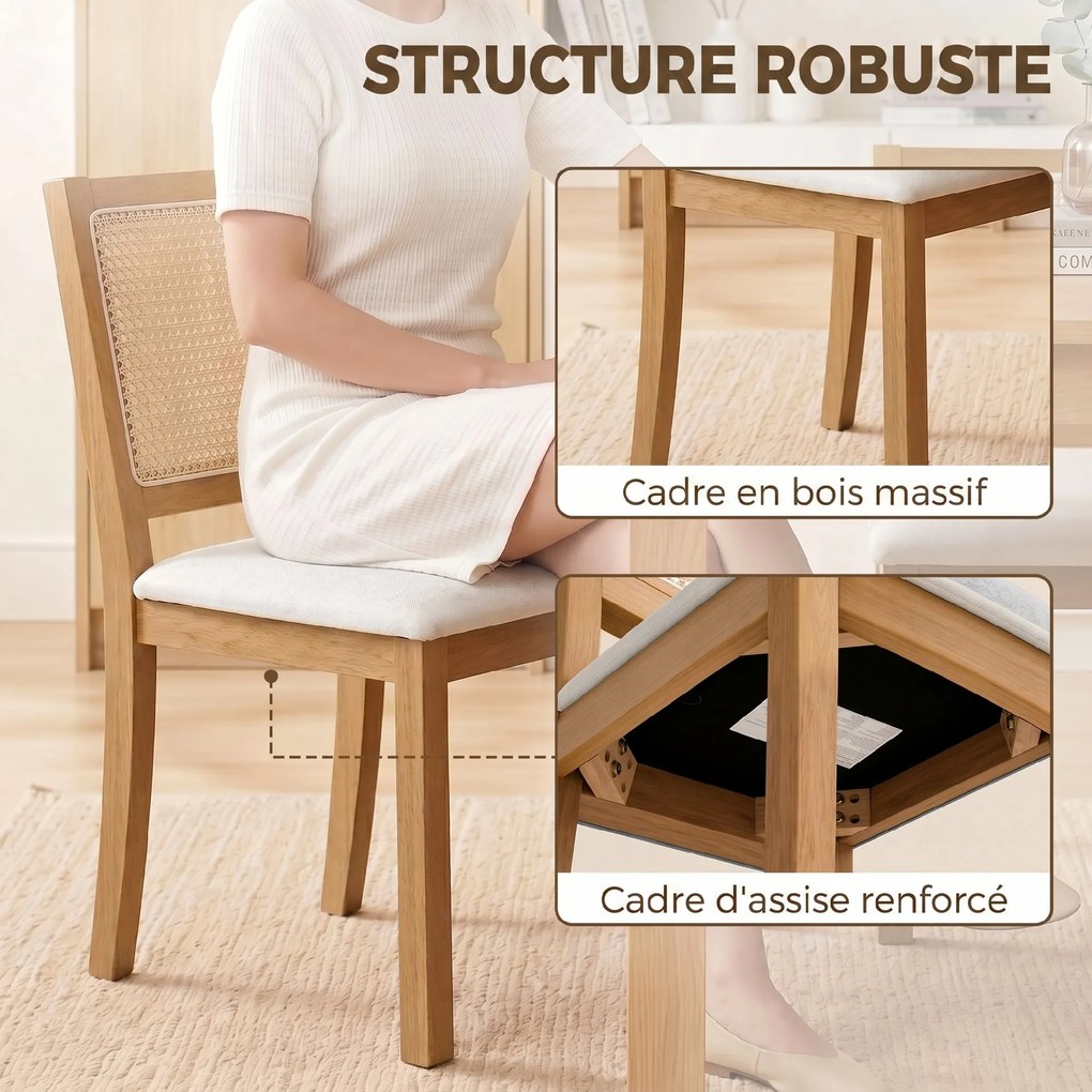 Conjunto de 2 cadeiras de sala de jantar e de cozinha com assento almofadado (MESA NÃO INCLUIDA), encosto com efeito de vime, nas cores creme e cor ca