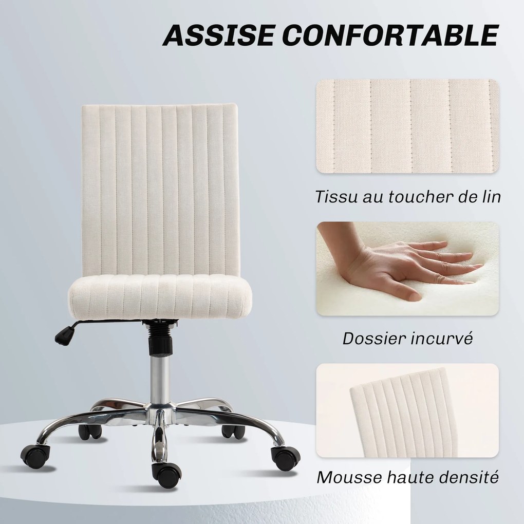 Cadeira de escritório sem braços, cadeira giratória, altura ajustável e rotação de 360°, 43 x 56 x 89-99 cm, creme
