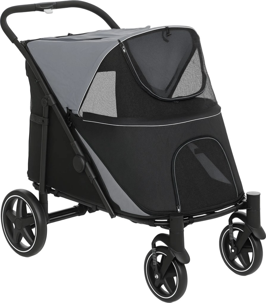 PawHut Carrinho para Cães Dobrável com Janelas de Malha Cinto de Segurança e Bolsos de Armazenamento 112x65x100 cm Cinzento | Aosom Portugal