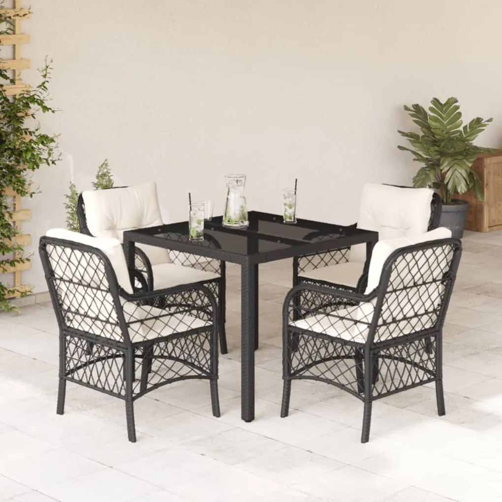 vidaXL 5 pcs conjunto de jantar p/ jardim c/ almofadões vime PE preto