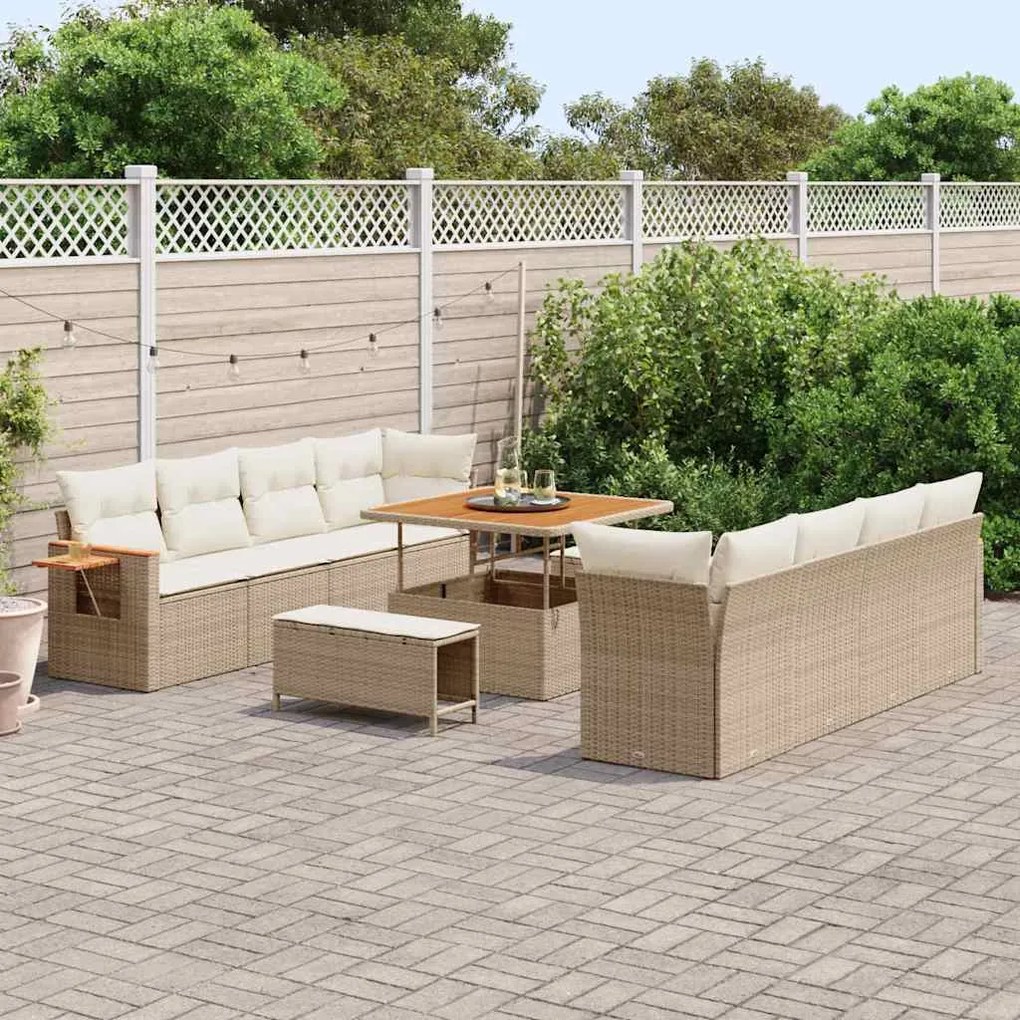 Conjunto de Sofá de Jardim de 11 Peças com Almofadas Bege Poli Rattan
