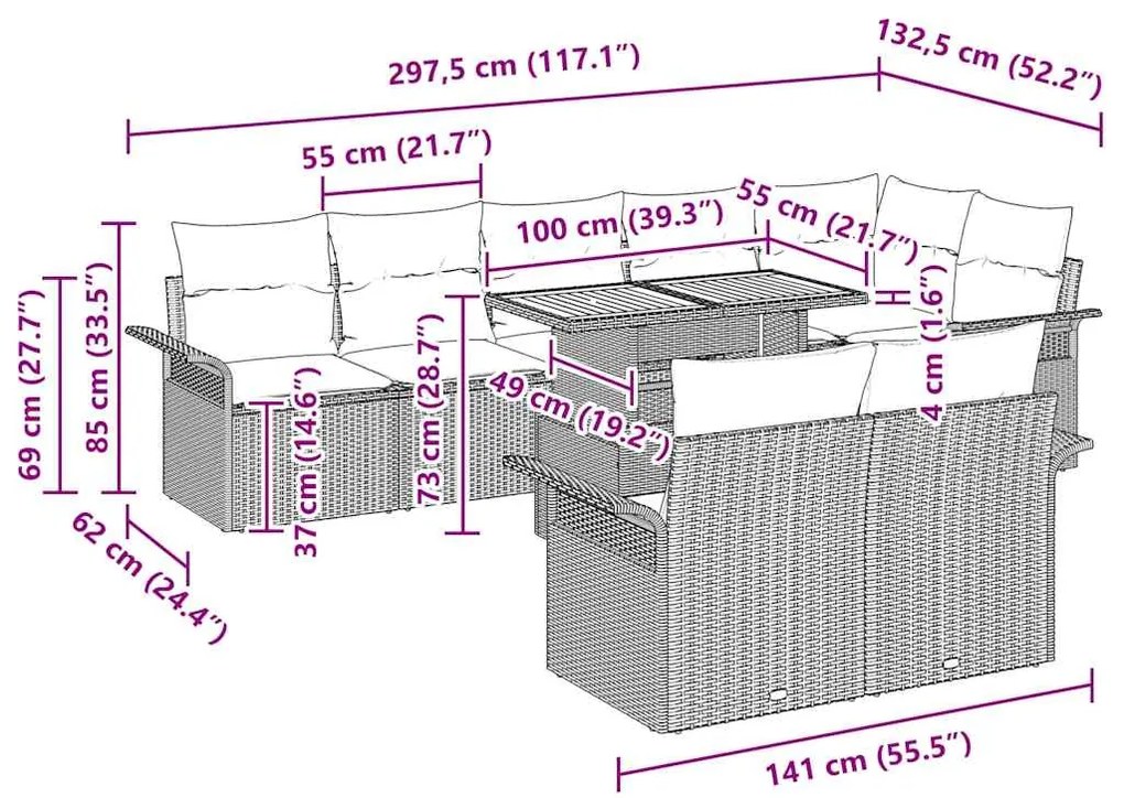 Conjunto de Jantar de Jardim de 9 Peças com Almofadas Rattan Cinza Acá