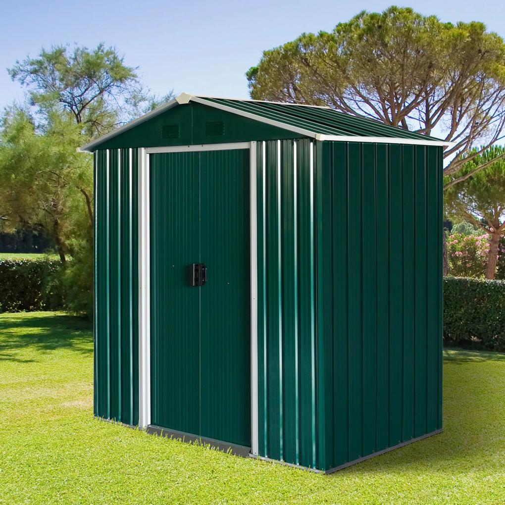 Outsunny Galpão de jardim 2,2 m² Galpão de armazenamento de ferramentas de aço galvanizado com porta deslizante 194x110x184 cm Verde