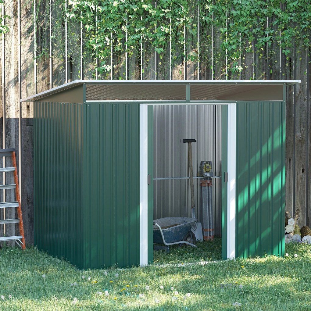 Abrigo de Jardim 4,5 m² 260x194x200 cm Abrigo Exterior Metálico com 2 Portas Deslizantes para Armazenamento de Ferramentas Verde