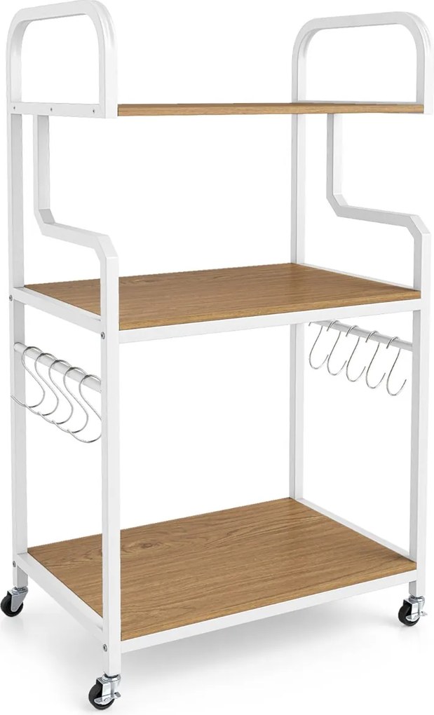 Suporte para impressora portátil 60 x 40 x 110 cm de 3 níveis com rodas, 10 ganchos em S, estrutura metálica Natural + Branco