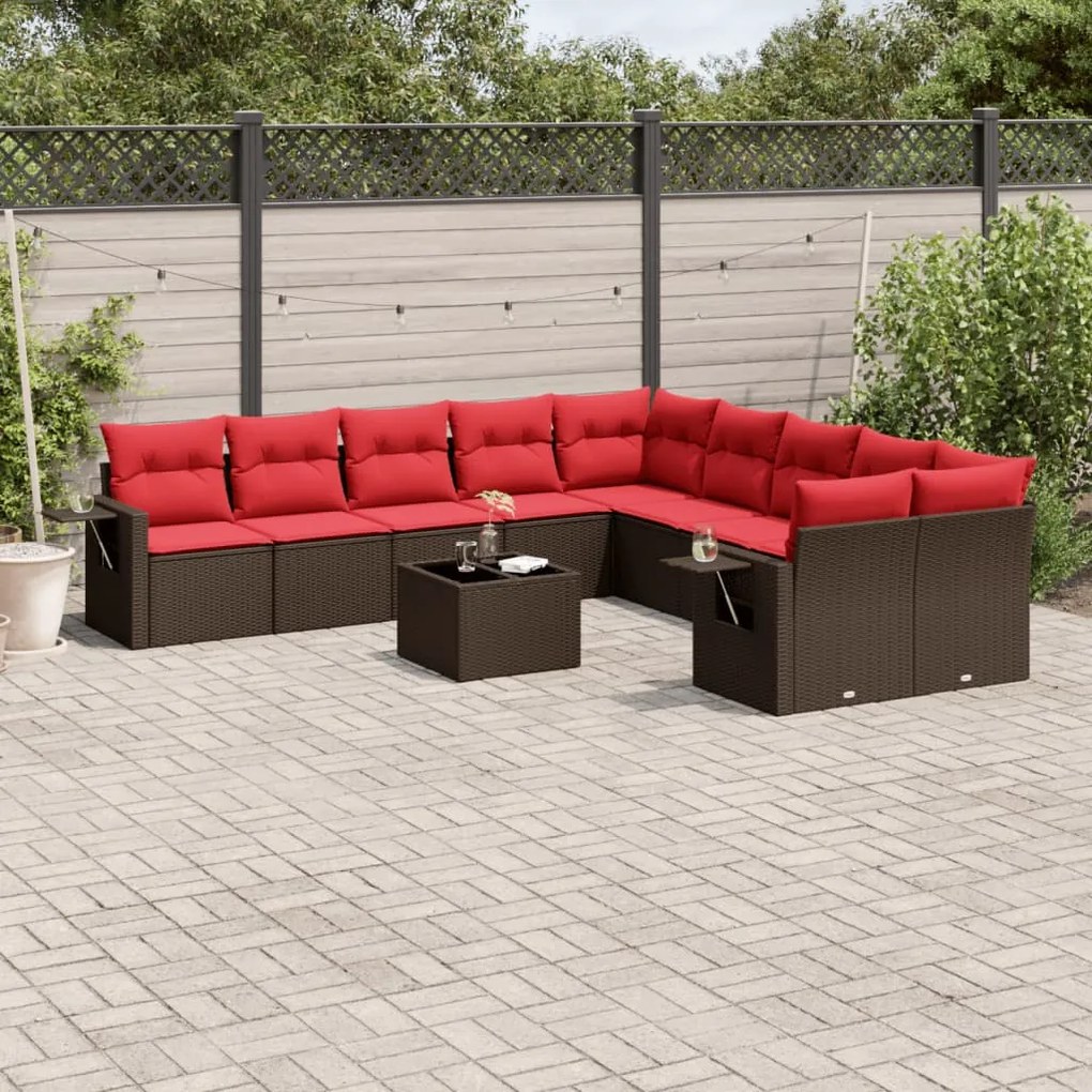 vidaXL 11 pcs conjunto sofás de jardim c/ almofadões vime PE castanho