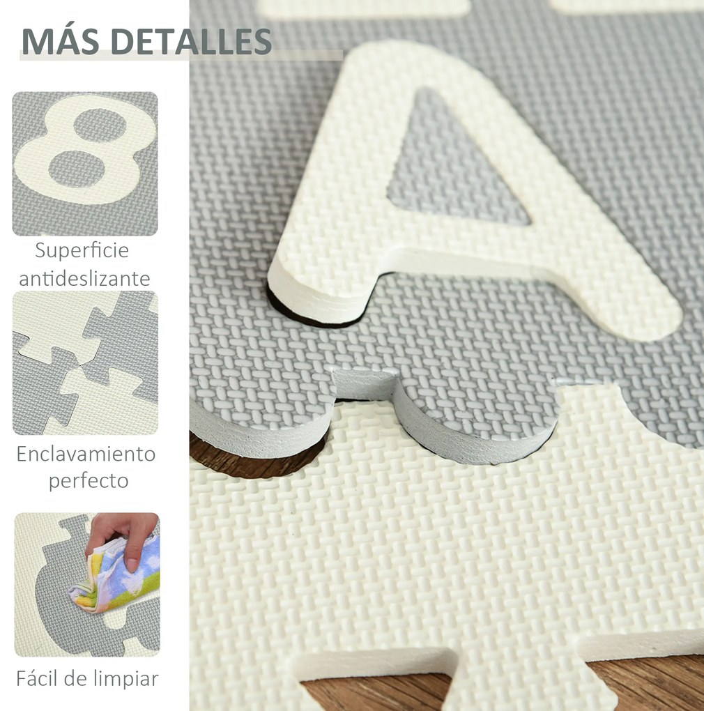 HOMCOM Tapete Puzzle para Bebés 36 Peças 31,5x31,5cm com 26 Letras (A-Z) e Números 0 ao 9 Quebra Cabeça Infantil de 3,24m² Espuma EVA Suave Cinza e Branco