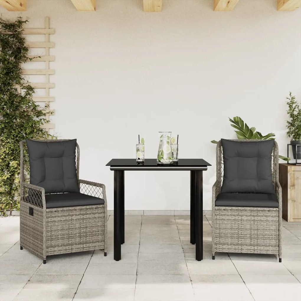 3 pcs conjunto de jantar p/ jardim c/ almofadões vime PE cinza