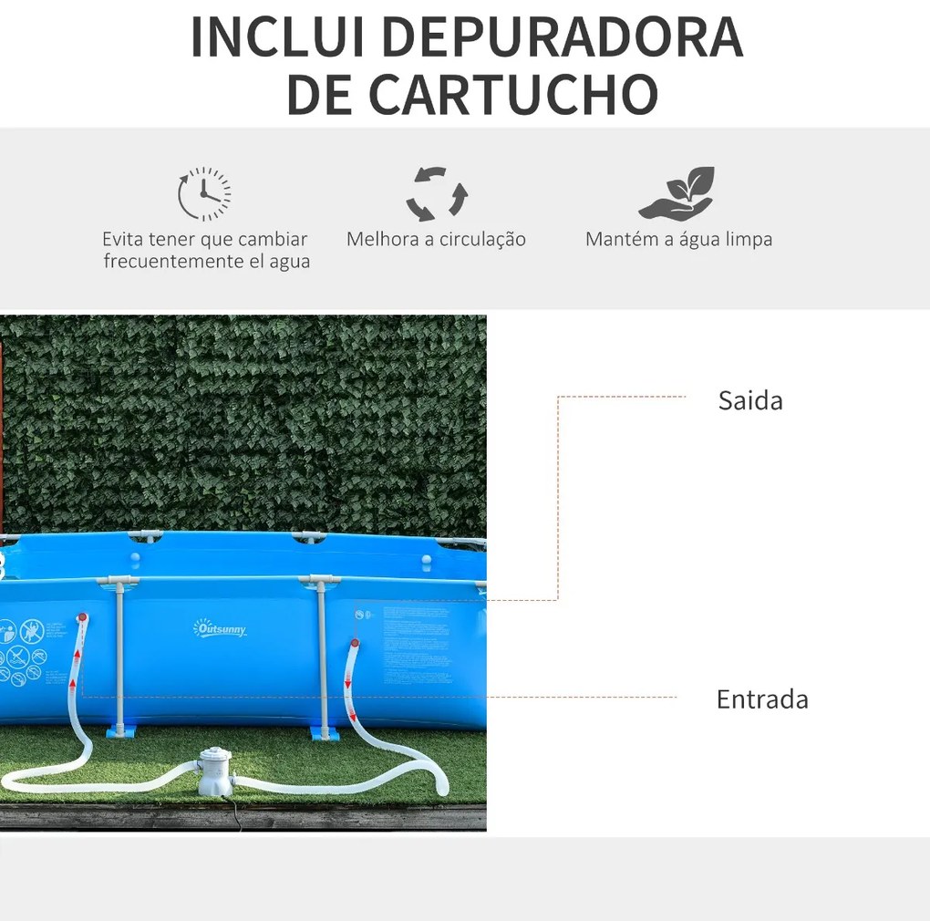 Outsunny Piscina Desmontável Tubular 291x190x75cm com Depuradora de Cartucho Piscina Retangular de Exterior para Adultos e Crianças 3600L Azul
