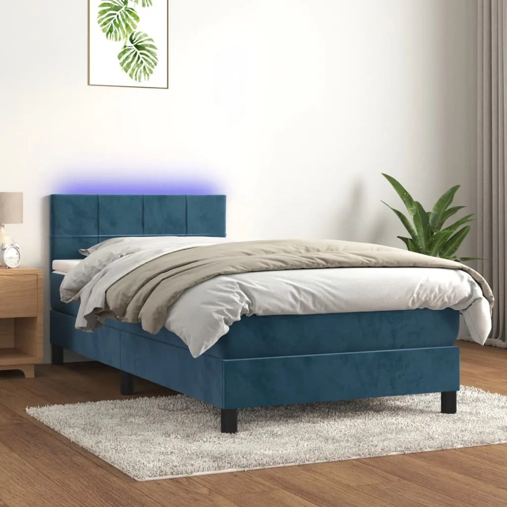 Cama box spring c/ colchão/LED 100x200 cm veludo azul-escuro