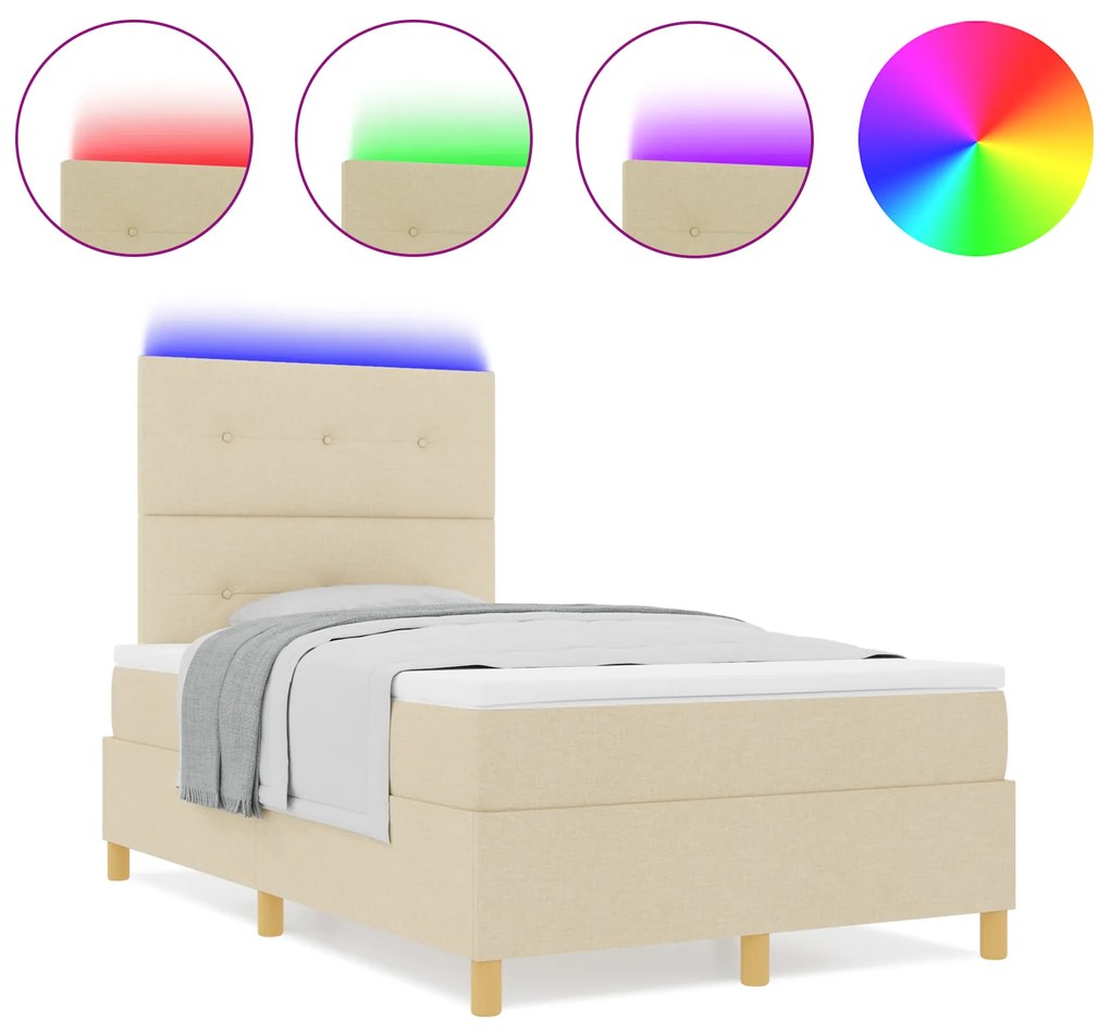 Cama com molas e colchão & LED creme 120x190 cm de tecido