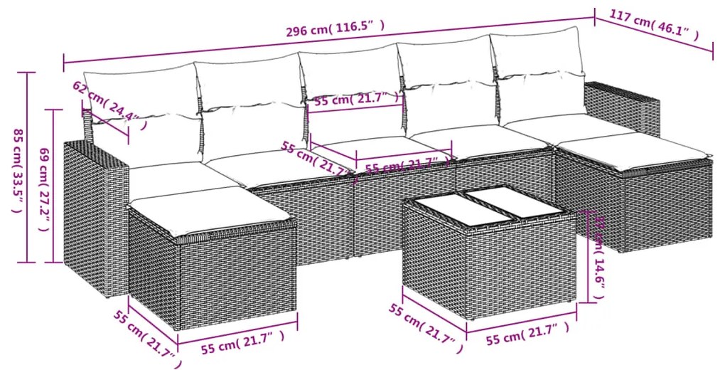 8 pcs conj. sofás jardim c/ almofadões vime PE cinzento-claro