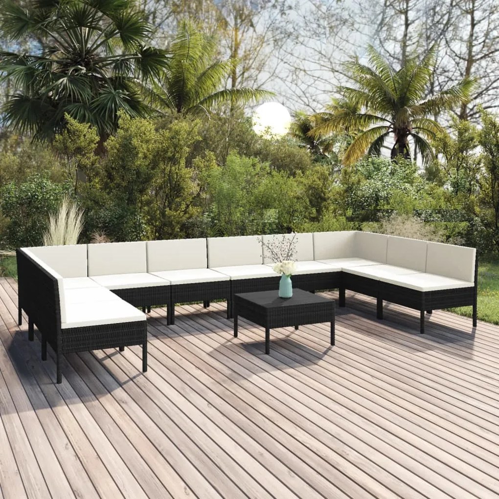 vidaXL 11 pcs conjunto lounge de jardim c/ almofadões vime PE preto