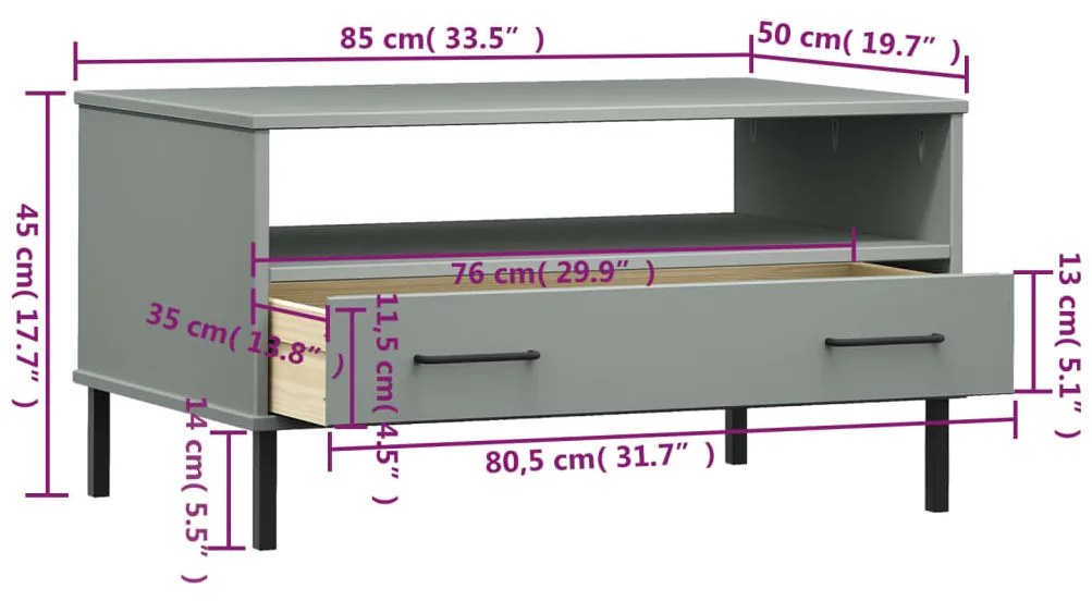 Mesa centro pernas de metal 85x50x45 madeira maciça OSLO cinza