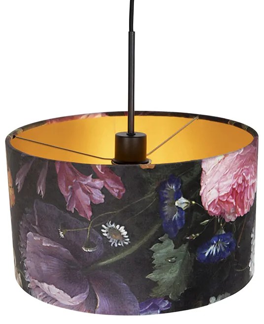 Candeeiro de suspensão com abajur de veludo flores com dourado 35 cm - Combi Clássico / Antigo