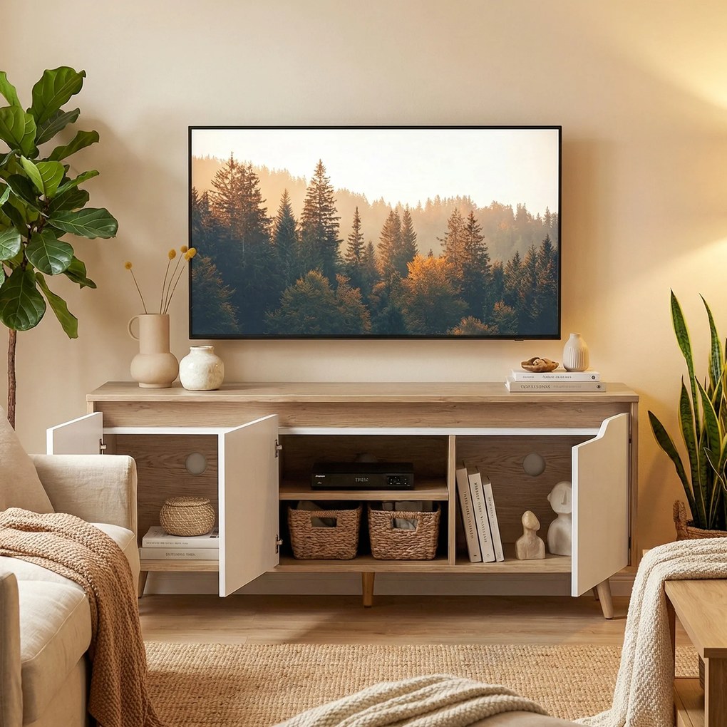Móvel TV 120 cm para Televisor até 140 cm com 3 Portas Prateleira Ajustável Carvalho e Branco