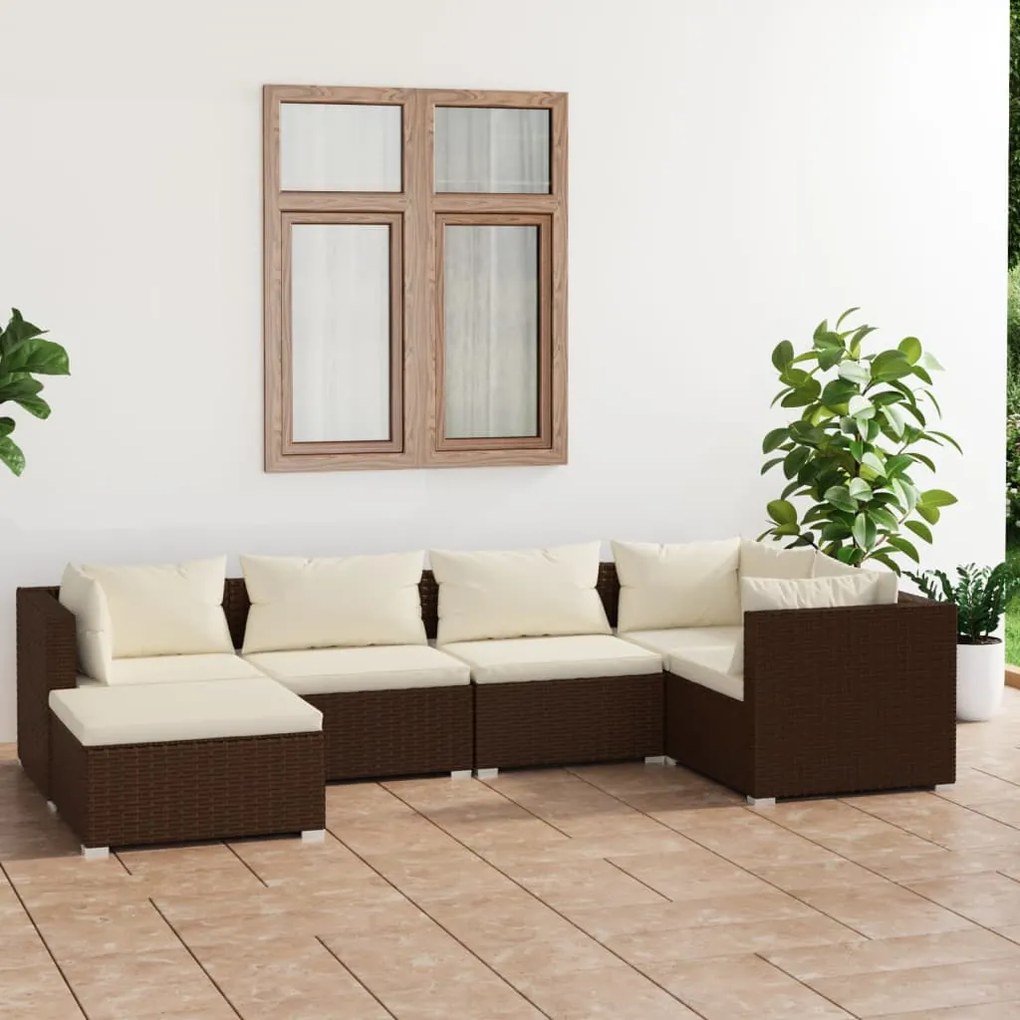 vidaXL 6 pcs conjunto lounge jardim c/ almofadões vime PE castanho