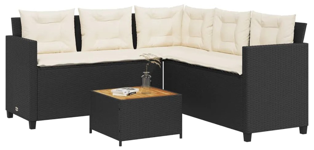 vidaXL Sofá de jardim em forma de L c/ mesa e almofadões vime PE preto