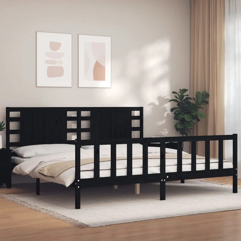 vidaXL Estrutura de cama com cabeceira 200x200 cm madeira maciça preto