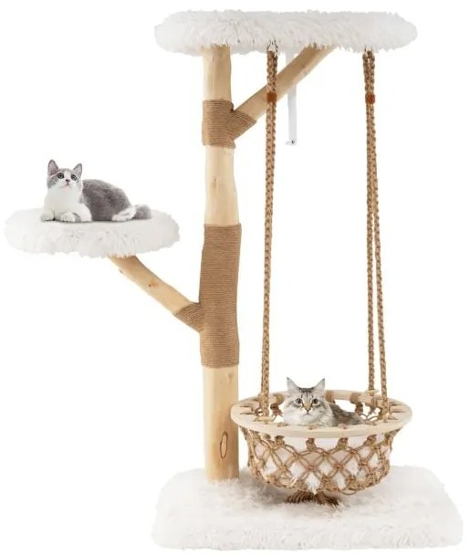 Torre moderna para gatinhos com balanço suspenso, arranhador, plataformas acolchoadas, árvore de madeira fofa para gatos, branca
