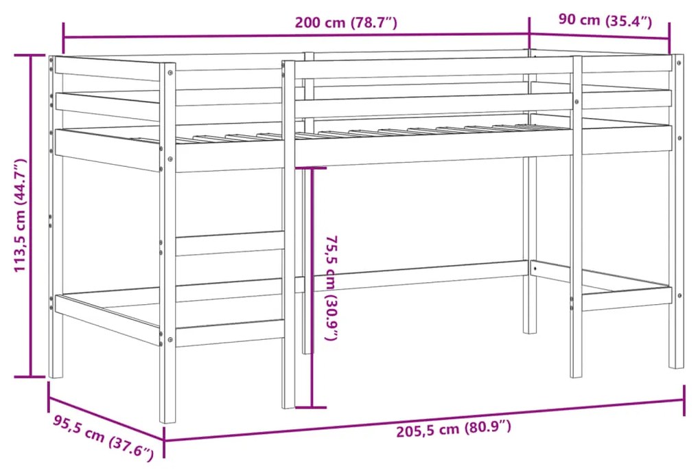 Cama alta p/ criança c/ escada 90x200 cm pinho maciço preto