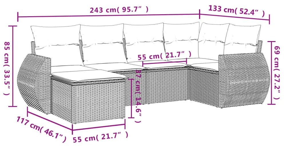 6 pcs conjunto de sofás jardim c/ almofadões vime PE castanho