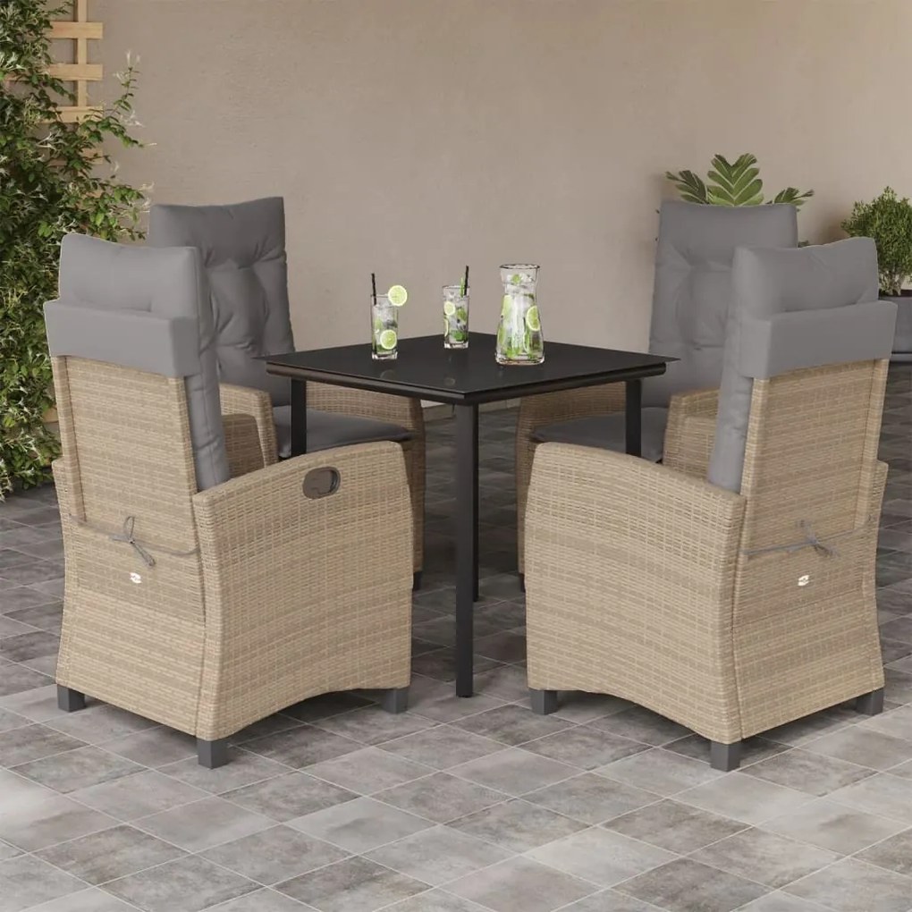 vidaXL 5pcs conj. jantar jardim c/ almofadões vime PE bege misturado