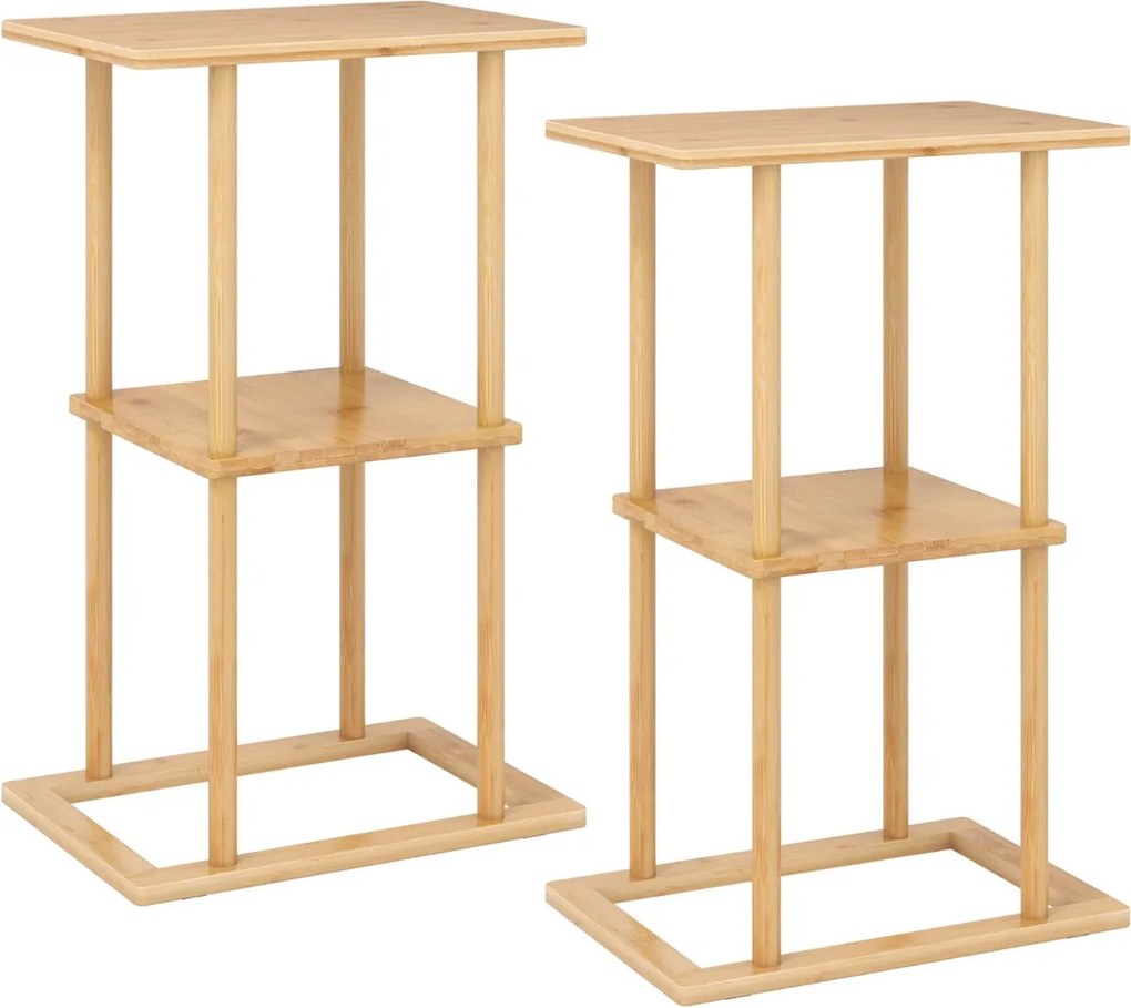 Conjunto de 2 mesas laterais retangulares de bambu 40 x 28 x 65 cm com prateleiras de arrumação para canto de sala de estar ou quarto Natural