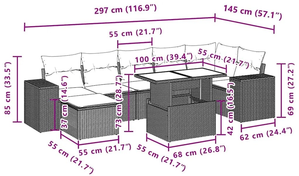 8 pcs conjunto sofás de jardim com almofadões vime PE preto