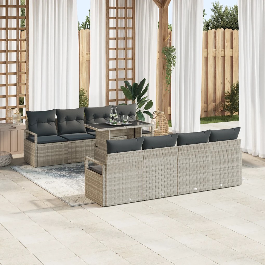 Conjunto de Sofá de Jardim vidaXL de 9 Peças com Almofadas em Cinzento