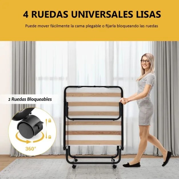 Cama dobrável com colchão de espuma e 2 rodas com travão Cama de hóspedes amovível 199 x 78 x 37 cm Preto e branco