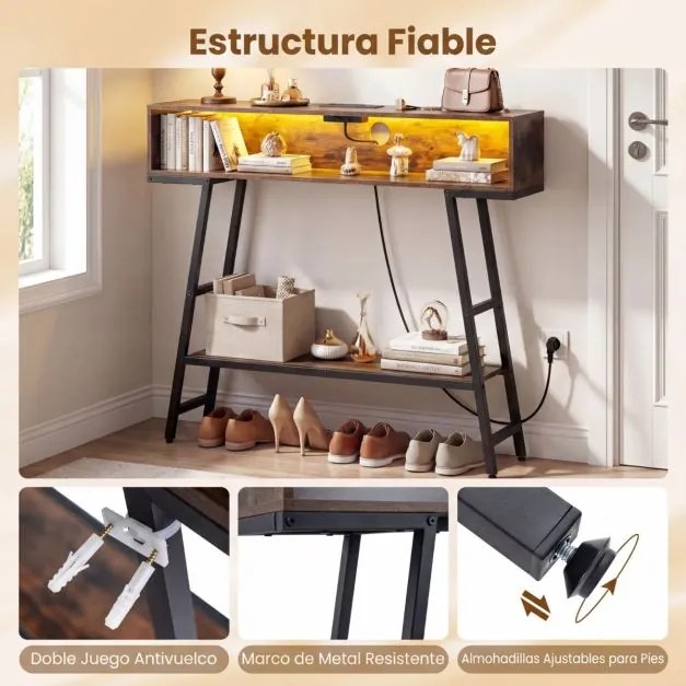 Mesa consola com luz LED e base de carregamento 100 x 20 x 86,5 cm, 3 níveis, com compartimento e prateleira, para corredor, entrada ou sala de estar,