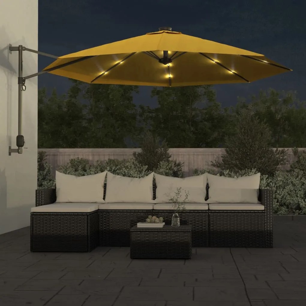 Guarda-sol de parede com luzes LED 290 cm amarelo
