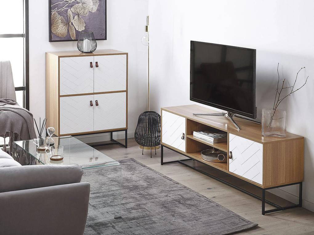 Móvel de TV com 2 portas e 2 prateleiras em madeira clara e branco NUEVA Beliani
