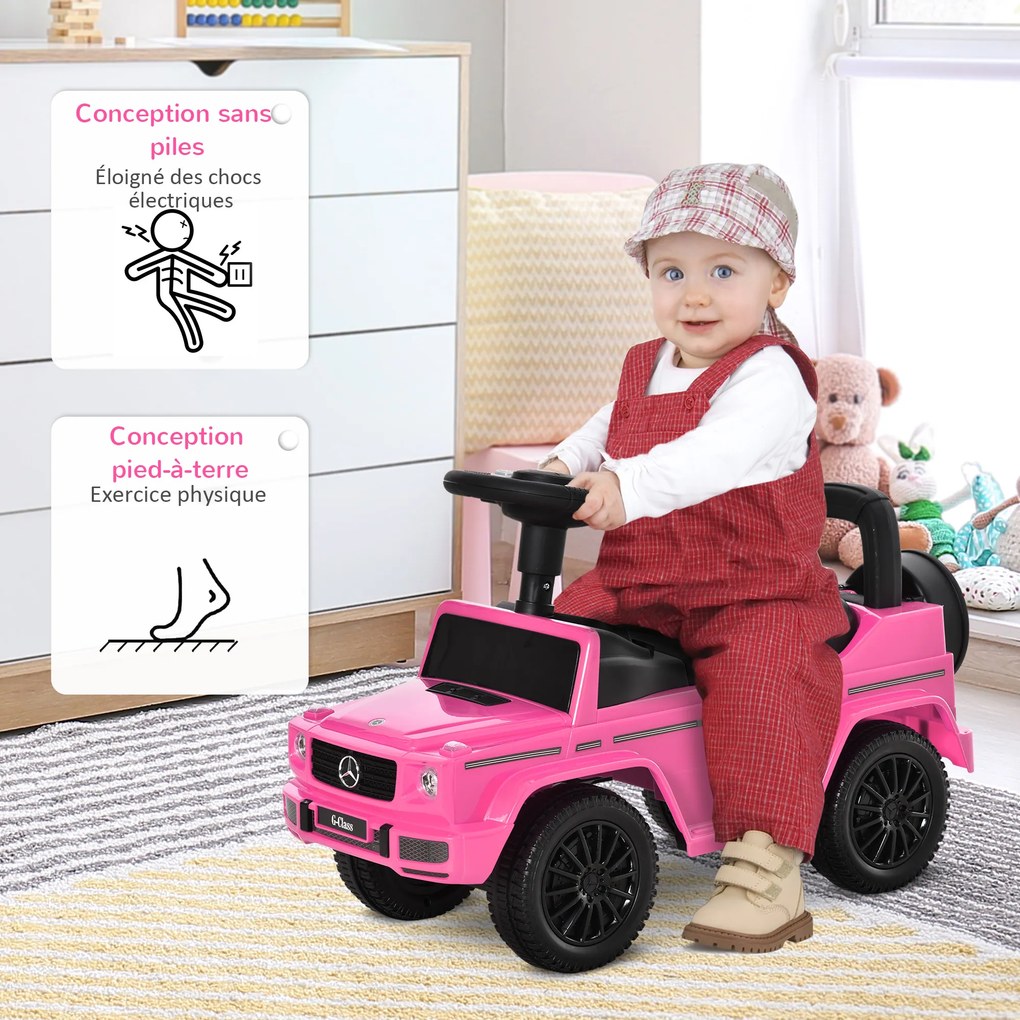 Carro de brincar para crianças, para empurrar com licença da Mercedes-Benz, 12-36 meses, porta-malas, buzina e faróis, cor-de-rosa