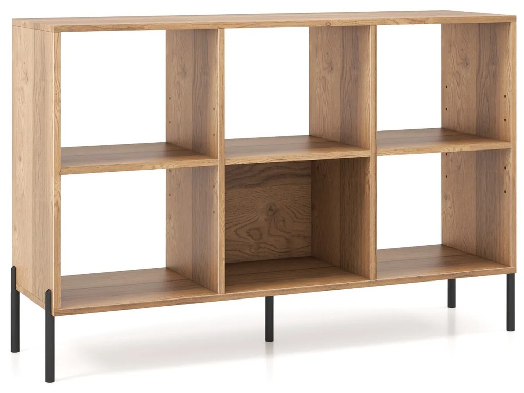 Estante de madeira de 2 níveis com 6 cubos e pernas metálicas ajustáveis em 5 posições 120 x 35 x 79,5 cm Natural