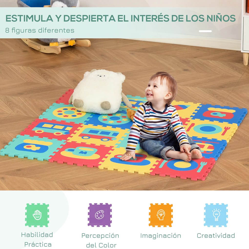 HOMCOM Tapete Puzzle para Crianças 150x150cm com 36 Peças de Espuma EVA Suave Área de 1,44m² Tapete Quebra Cabeças para Bebé Multicor