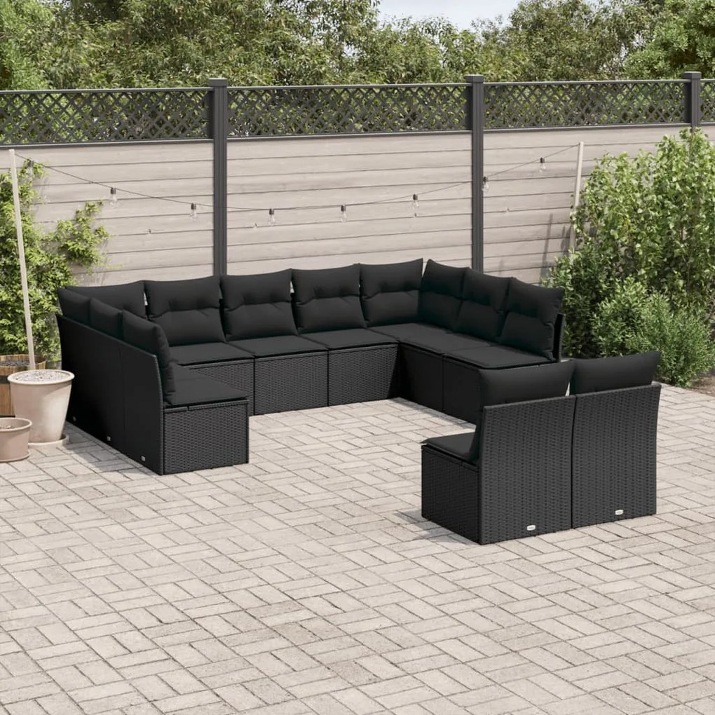 11 pcs conjunto sofás de jardim c/ almofadões vime PE preto