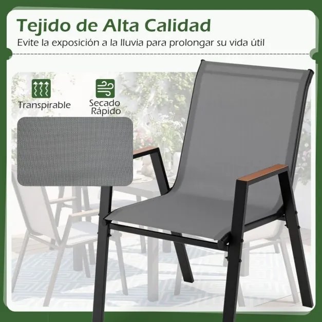 Conjunto de 2 cadeiras de jardim empilháveis, com encosto alto e braços, ergonómicas, em metal e tecido respirável, para terraço ou pátio, cinza