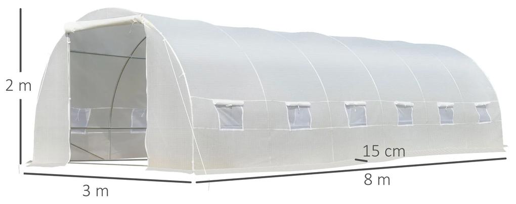 Estufa de jardim Tipo túnel para cultivo com 12 janelas e porta de enrolar Aço e PE 800x300x200 cm Branco