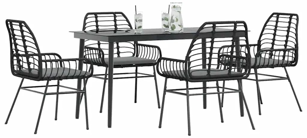 Conjunto de jantar jardim 5 peças almofadas vidro vime PE preto