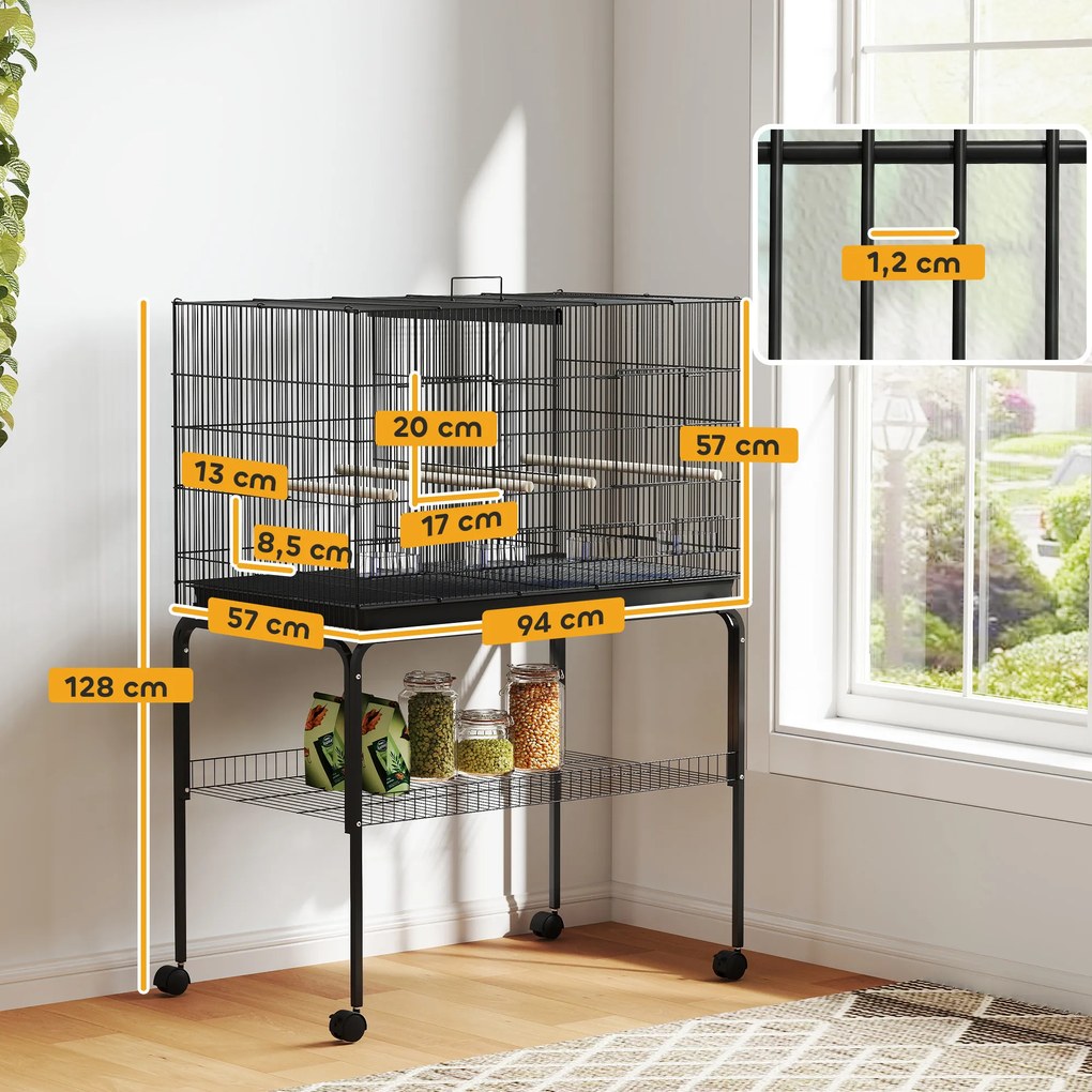 Gaiola para Pássaros com Divisória Rodas Gaiola para Aves com Comedouros Poleiros e Bandeja Removível 94x57x128 cm Preto